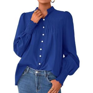 imagePRETTYGARDEN Fall Lantern Long Sleeve Shirts for Women 2025 Trendy Button Vneck Pullover Henley Tops Dressy Work BlousesBlue