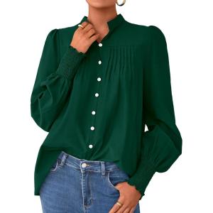 imagePRETTYGARDEN Fall Lantern Long Sleeve Shirts for Women 2025 Trendy Button Vneck Pullover Henley Tops Dressy Work BlousesDark Green