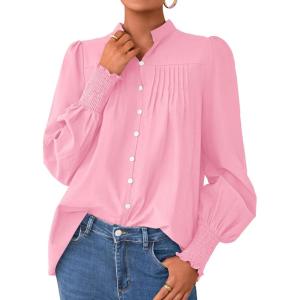 imagePRETTYGARDEN Fall Lantern Long Sleeve Shirts for Women 2025 Trendy Button Vneck Pullover Henley Tops Dressy Work BlousesPink