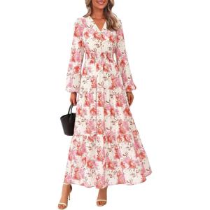 imagePRETTYGARDEN Long Sleeve Maxi Fall Dresses for Women 2025 Vneck Smocked Boho Floral Tiered Swing Flowy Wedding Guest DressFloral Apricot Multi