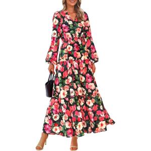 imagePRETTYGARDEN Long Sleeve Maxi Fall Dresses for Women 2025 Vneck Smocked Boho Floral Tiered Swing Flowy Wedding Guest DressFloral Black Multi