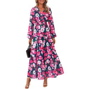imagePRETTYGARDEN Long Sleeve Maxi Fall Dresses for Women 2025 Vneck Smocked Boho Floral Tiered Swing Flowy Wedding Guest DressFloral Navy Blue Multi