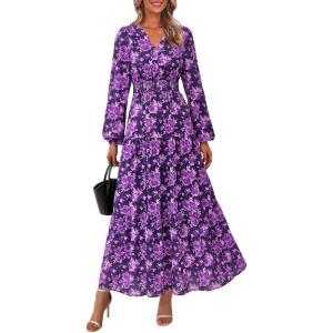 imagePRETTYGARDEN Long Sleeve Maxi Fall Dresses for Women 2025 Vneck Smocked Boho Floral Tiered Swing Flowy Wedding Guest DressFloral Purple