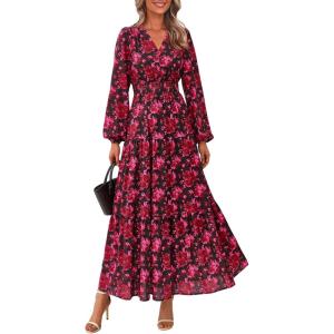 imagePRETTYGARDEN Long Sleeve Maxi Fall Dresses for Women 2025 Vneck Smocked Boho Floral Tiered Swing Flowy Wedding Guest DressFloral Red