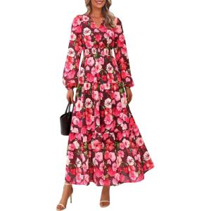 imagePRETTYGARDEN Long Sleeve Maxi Fall Dresses for Women 2025 Vneck Smocked Boho Floral Tiered Swing Flowy Wedding Guest DressFloral Wine Red Multi