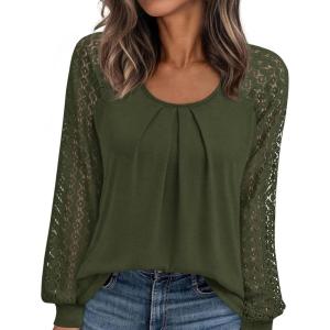 imagePRETTYGARDEN Long Sleeve Shirts for Women Trendy Lace Tops Dressy Casual Blouses 2025 Fall Outfits Fashion ClothingArmy Green
