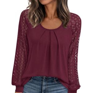 imagePRETTYGARDEN Long Sleeve Shirts for Women Trendy Lace Tops Dressy Casual Blouses 2025 Fall Outfits Fashion ClothingBurgundy
