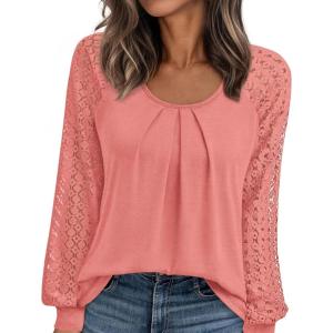 imagePRETTYGARDEN Long Sleeve Shirts for Women Trendy Lace Tops Dressy Casual Blouses 2025 Fall Outfits Fashion ClothingCoral Pink