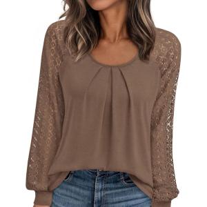 imagePRETTYGARDEN Long Sleeve Shirts for Women Trendy Lace Tops Dressy Casual Blouses 2025 Fall Outfits Fashion ClothingLight Brown