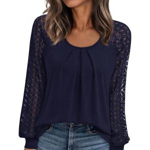 imagePRETTYGARDEN Long Sleeve Shirts for Women Trendy Lace Tops Dressy Casual Blouses 2025 Fall Outfits Fashion ClothingNavy Blue