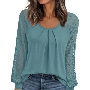 imagePRETTYGARDEN Long Sleeve Shirts for Women Trendy Lace Tops Dressy Casual Blouses 2025 Fall Outfits Fashion ClothingTeal