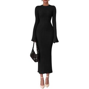 imagePRETTYGARDEN Sweater Dresses for Women 2025 Fall Bell Long Sleeve Crew Neck Bodycon Maxi Dress Winter Ribbed Knit OutfitsBlack