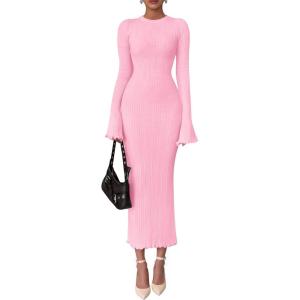 imagePRETTYGARDEN Sweater Dresses for Women 2025 Fall Bell Long Sleeve Crew Neck Bodycon Maxi Dress Winter Ribbed Knit OutfitsPink