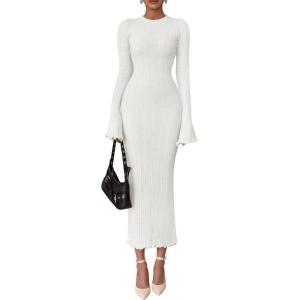 imagePRETTYGARDEN Sweater Dresses for Women 2025 Fall Bell Long Sleeve Crew Neck Bodycon Maxi Dress Winter Ribbed Knit OutfitsWhite