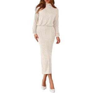 imagePRETTYGARDEN Turtle Neck Dresses for Women 2025 Fall Knit Outfits Slit Elastic Waist Long Sleeve Bodycon Midi Sweater DressApricot