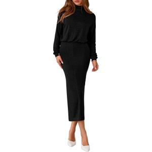 imagePRETTYGARDEN Turtle Neck Dresses for Women 2025 Fall Knit Outfits Slit Elastic Waist Long Sleeve Bodycon Midi Sweater DressBlack