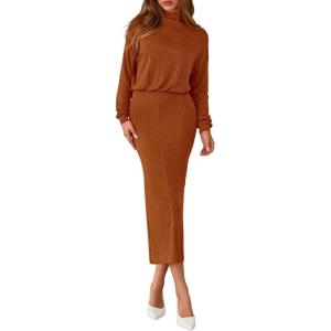 imagePRETTYGARDEN Turtle Neck Dresses for Women 2025 Fall Knit Outfits Slit Elastic Waist Long Sleeve Bodycon Midi Sweater DressBrick Red