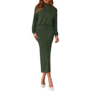 imagePRETTYGARDEN Turtle Neck Dresses for Women 2025 Fall Knit Outfits Slit Elastic Waist Long Sleeve Bodycon Midi Sweater DressDark Green