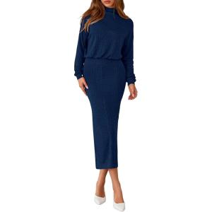 imagePRETTYGARDEN Turtle Neck Dresses for Women 2025 Fall Knit Outfits Slit Elastic Waist Long Sleeve Bodycon Midi Sweater DressNavy