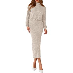 imagePRETTYGARDEN Turtle Neck Dresses for Women 2025 Fall Knit Outfits Slit Elastic Waist Long Sleeve Bodycon Midi Sweater DressOatmeal