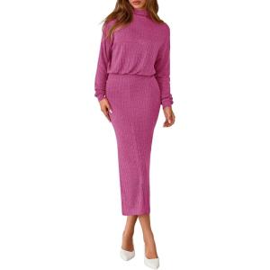 imagePRETTYGARDEN Turtle Neck Dresses for Women 2025 Fall Knit Outfits Slit Elastic Waist Long Sleeve Bodycon Midi Sweater DressRose Pink