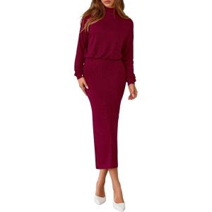 imagePRETTYGARDEN Turtle Neck Dresses for Women 2025 Fall Knit Outfits Slit Elastic Waist Long Sleeve Bodycon Midi Sweater DressWine Red