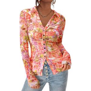 imagePRETTYGARDEN Women Button Down Floral Shirts 2025 Fall Trendy Long Sleeve V Neck Ruched Fitted Mesh Blouse Tops Date OutfitsRed Pink