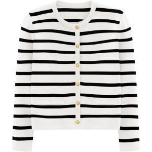 imagePRETTYGARDEN Womens 2024 Winter Cardigan Striped Sweater Button Down Open Front Long Sleeve Knit Shirt Trendy Outerwear Striped WhiteSmall