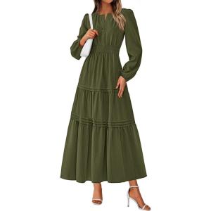 imagePRETTYGARDEN Womens 2025 Elegant Maxi Dresses Long Sleeve V Neck Flowy Pockets Casual Modest Dress Fall Fashion ClothesArmy Green