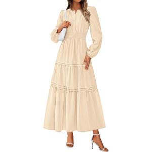 imagePRETTYGARDEN Womens 2025 Elegant Maxi Dresses Long Sleeve V Neck Flowy Pockets Casual Modest Dress Fall Fashion ClothesBeige
