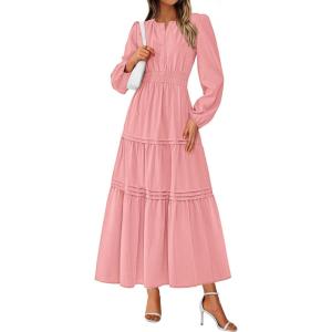 imagePRETTYGARDEN Womens 2025 Elegant Maxi Dresses Long Sleeve V Neck Flowy Pockets Casual Modest Dress Fall Fashion ClothesPink