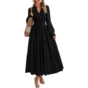 imagePRETTYGARDEN Womens 2025 Fall Wedding Guest Dresses Long Sleeve V Neck Flowy Elegant Holiday Party Maxi Dress with PocketsBlack