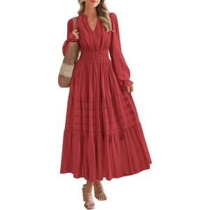 imagePRETTYGARDEN Womens 2025 Fall Wedding Guest Dresses Long Sleeve V Neck Flowy Elegant Holiday Party Maxi Dress with PocketsBrick Red