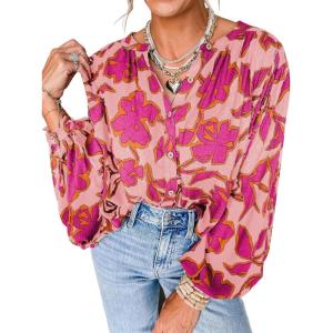 imagePRETTYGARDEN Womens Floral Button Down Blouse 2025 Fall Fashion Dressy Casual Long Sleeve Oversized Shirts Top Boho ClothesPink