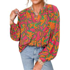 imagePRETTYGARDEN Womens Floral Button Down Blouse 2025 Fall Fashion Dressy Casual Long Sleeve Oversized Shirts Top Boho ClothesRose Red