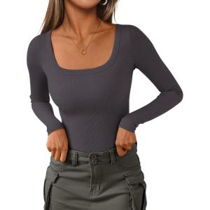 imagePRETTYGARDEN Womens Long Sleeve Tops Fall Clothes 2025 Scoop Neck Ribbed Knit Basic Tees Shirts Going Out Trendy OutfitsDark Grey