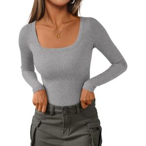 imagePRETTYGARDEN Womens Long Sleeve Tops Fall Clothes 2025 Scoop Neck Ribbed Knit Basic Tees Shirts Going Out Trendy OutfitsGrey