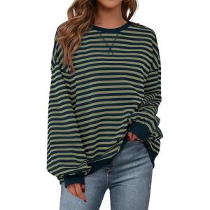 imagePRETTYGARDEN Womens Striped Oversized Sweatshirt Color Block Crew Neck Long Sleeve Casual Loose Pullover Top Y2K ClothesGrey Green Navy
