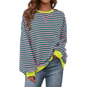 imagePRETTYGARDEN Womens Striped Oversized Sweatshirt Color Block Crew Neck Long Sleeve Casual Loose Pullover Top Y2K ClothesPink Green