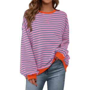 imagePRETTYGARDEN Womens Striped Oversized Sweatshirt Color Block Crew Neck Long Sleeve Casual Loose Pullover Top Y2K ClothesRose Red Grey Blue