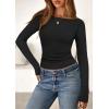 imagePRETTYGARDEN Long Sleeve Shirts for Women 2025 Fall Boat Neck Ribbed Knit Ruched Fitted Going Out Tops Casual Basic TeesBlack