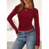 imagePRETTYGARDEN Long Sleeve Shirts for Women 2025 Fall Boat Neck Ribbed Knit Ruched Fitted Going Out Tops Casual Basic TeesBurgundy