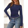 imagePRETTYGARDEN Long Sleeve Shirts for Women 2025 Fall Boat Neck Ribbed Knit Ruched Fitted Going Out Tops Casual Basic TeesNavy Blue