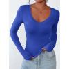 imagePRETTYGARDEN Long Sleeve Shirts for Women 2025 Fall Fashion V Neck Going Out Tops Slim Fit Basic Tees Y2K ClothesBlue