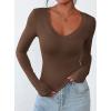 imagePRETTYGARDEN Long Sleeve Shirts for Women 2025 Fall Fashion V Neck Going Out Tops Slim Fit Basic Tees Y2K ClothesBrown