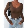 imagePRETTYGARDEN Long Sleeve Shirts for Women 2025 Fall Fashion V Neck Going Out Tops Slim Fit Basic Tees Y2K ClothesBrown