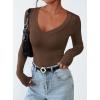 imagePRETTYGARDEN Long Sleeve Shirts for Women 2025 Fall Fashion V Neck Going Out Tops Slim Fit Basic Tees Y2K ClothesBrown