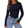 imagePRETTYGARDEN Womens Long Sleeve Shirts 2025 Ribbed Knit Slim Fitted Basic Tee Casual Going Out Tops Underscrubs Fall ClothingNavy Blue