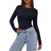imagePRETTYGARDEN Womens Long Sleeve Shirts 2025 Ribbed Knit Slim Fitted Basic Tee Casual Going Out Tops Underscrubs Fall ClothingNavy Blue