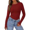imagePRETTYGARDEN Womens Long Sleeve Shirts 2025 Ribbed Knit Slim Fitted Basic Tee Casual Going Out Tops Underscrubs Fall ClothingRed